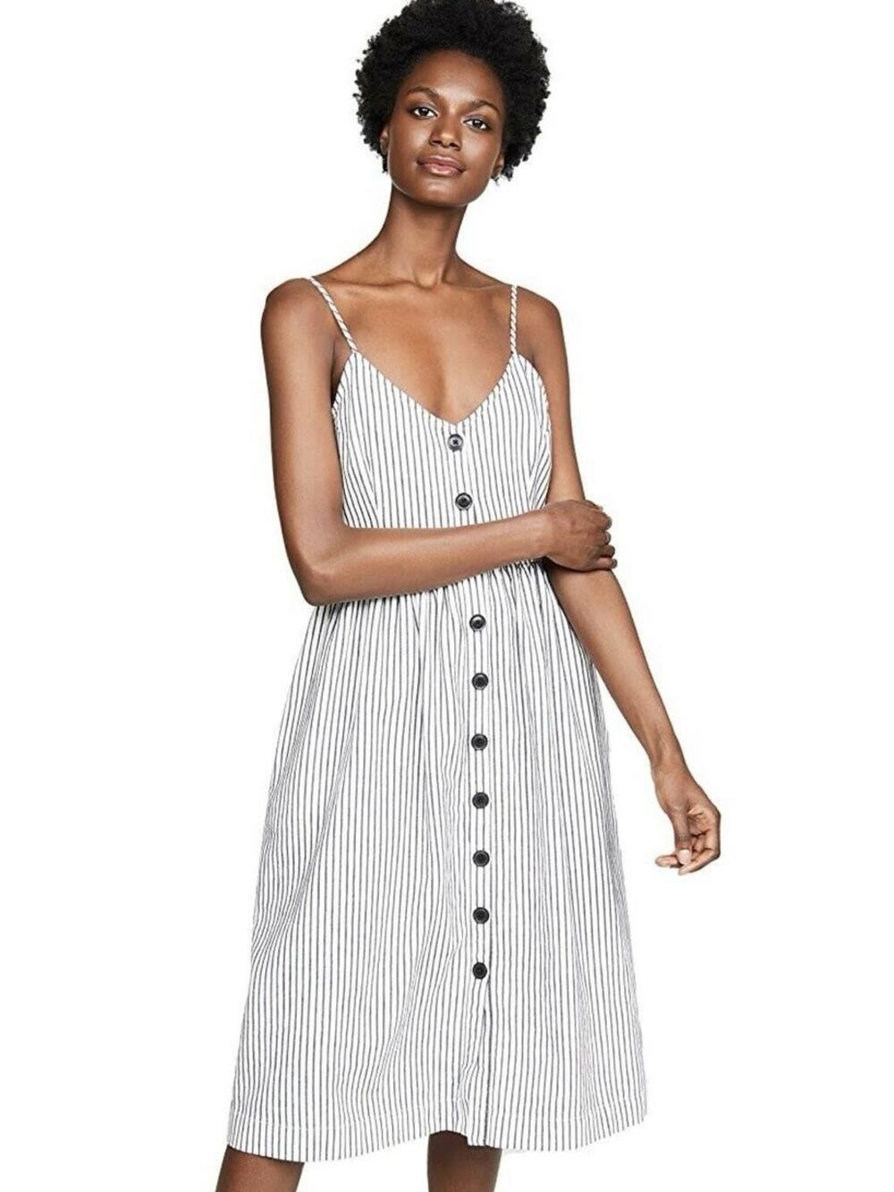 ATM Dress Sz XS Stripe Midi Button Sleeveless White Black Resort Cotton